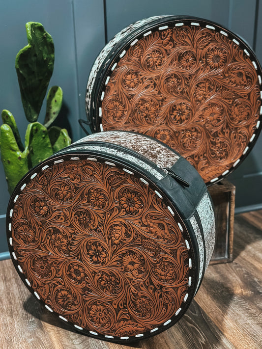 Cowhide/Leather Tooled Hat Cans